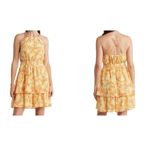 Collective Concepts Womens Small Yellow Orange Floral Cottage Ruffle Mini Dress - Picture 9 of 9